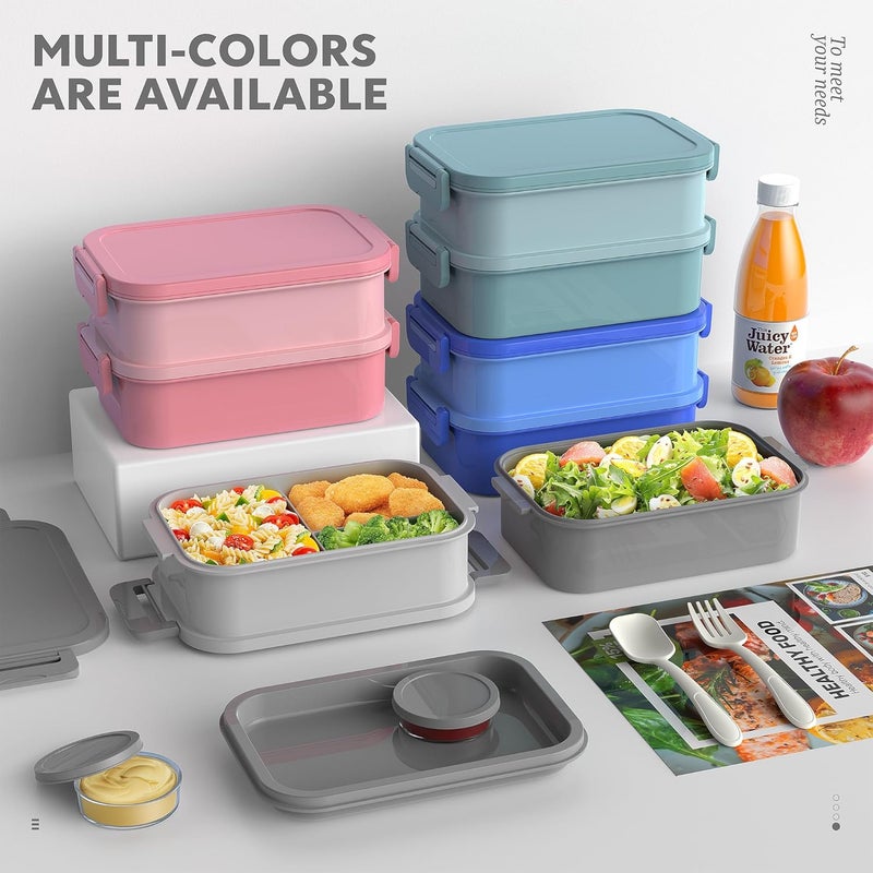 Jelife Adult Bento Box Lunch Box - 3 Layers Stackable Bento Lunch Box for Adults, 72oz Large-Style All-in-One Bento Boxes Leak-Proof Lunchbox with Utensil Sauce Containers for Dining Out,Work, Grey - Image 4